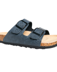 Two Strap Sandal in blue with embossed flowers, buckle straps, cork Viking Sandals logo'd footbed and black outsole.