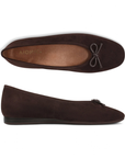 Pair of Chocolate suede ballet flats with small bow at toe and tan Vionic logo'd footbed.