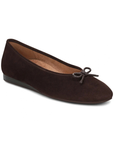 Chocolate suede ballet flat with small bow at toe.