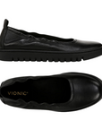 Top and side views of Women's Vionic Uptown Ballet Flat showcasing genuine leather upper and ergonomic footbed design.