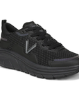 Black athletic shoe with "V" for vionic logo on side and black thick rubber outsole.