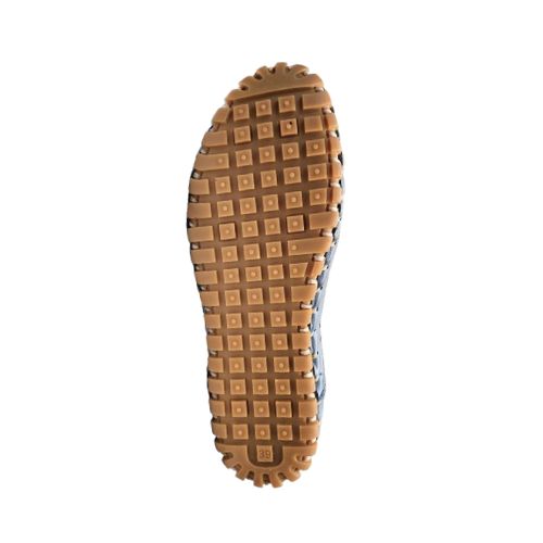Outsole of blue lace-up shoe with square pattern grippy tread.