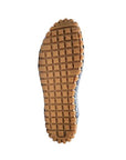 Outsole of blue lace-up shoe with square pattern grippy tread.