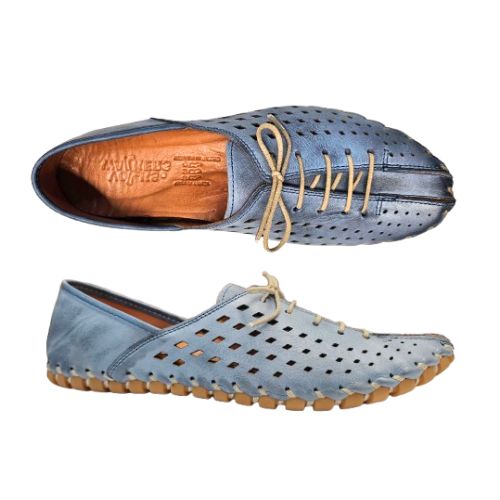Pair of women's blue leather elastic lace shoe with square perforated upper, tan Volks Walkers logo'd footbed and stitched sole.
