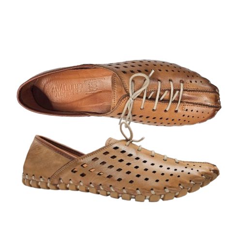 Pair of women's brown leather elastic lace shoe with square perforated upper, tan Volks Walkers logo'd footbed and stitched sole.