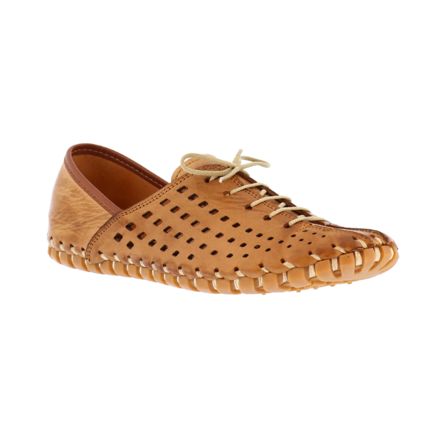 Women's brown leather elastic lace shoe with square perforated upper and stitched sole.