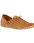 Women's brown leather elastic lace shoe with square perforated upper and stitched sole.