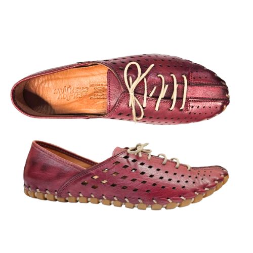 Pair of Women's Burgandy leather elastic lace shoe with square perforated upper, tan Volks Walker logo'd footbed and stitched sole.