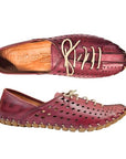 Pair of Women's Burgandy leather elastic lace shoe with square perforated upper, tan Volks Walker logo'd footbed and stitched sole.