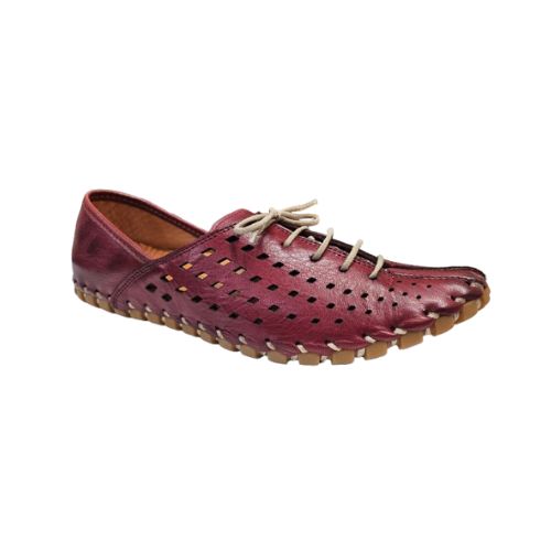 Women's Burgandy leather elastic lace shoe with square perforated upper and stitched sole.