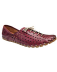 Women's Burgandy leather elastic lace shoe with square perforated upper and stitched sole.