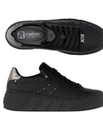 Pair of Black sneakers with a zipper, silver heel accent, grey Rieker logo'd outsole, and thick black outsole.