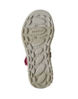 Bottom view of pink Kids Merrell Hydro Explorer Fisherman Sandal showing durable, non-marking outsole for safe traction on wet surfaces.