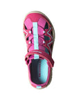 Top view of pink and aqua Kids Merrell Hydro Explorer Fisherman Sandal highlighting memory foam footbed and adjustable strap for comfort.