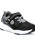 Black sneaker with white soles, lace-up, velcro straps, and comfy memory foam footbed.