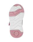 Shoe sole with a pink and white pattern, featuring a textured grip, design details, and a memory foam footbed.