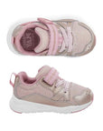 Pair of pink toddler sneakers with Velcro straps, white soles, and a memory foam footbed, shown from top and side views.
