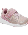 Rose gold toddler sneakers with memory foam footbed, Velcro strap, and white sole.