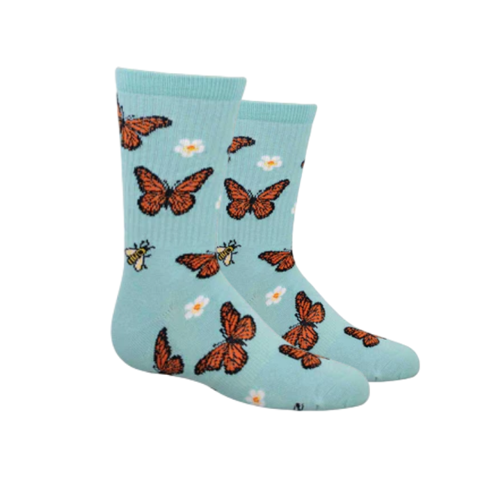 Light blue youth size socks with Monarchs, bees and daisys on them