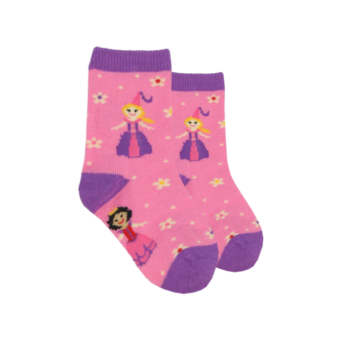 Pair of Socks in pink with princess and floral designs.