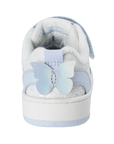 White baby shoe with blue butterfly design on heel.