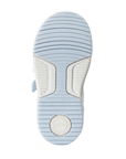 Light blue shoe outsole with white accents and Striderite logo'd heel.