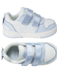 Pair of White and light blue children's shoes with velcro straps, 3D butterfly detail on heel, blue Striderite logo'd footbed and lace accents.