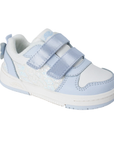 White and light blue children's shoe with velcro straps, 3D butterfly detail on heel and lace accents.