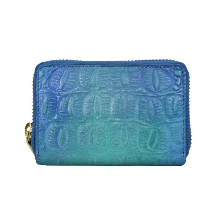 Croco embossed turquoise Anuschka leather cardholder. Has gold zipper closure.