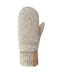 A beige wool mitten with Auclair logo on the folded up knit cuff.