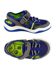 Top and side view of blue mesh fisherman sandal with grey velcro strap and lime insole