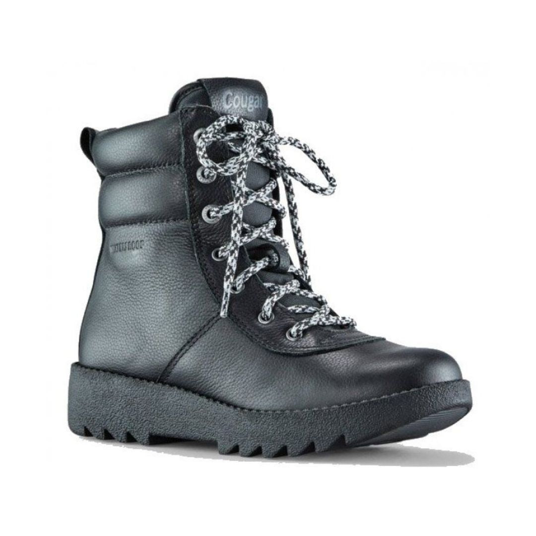  Black winter boot with black and white laces and a thick rubber outsole