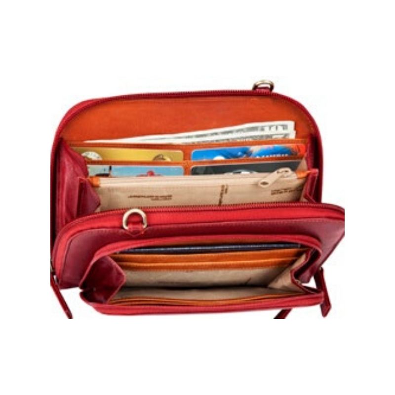 Interior of the organizer crossbody bag, revealing card slots and a zippered pocket in the main compartment and slip pockets in the front compartment.