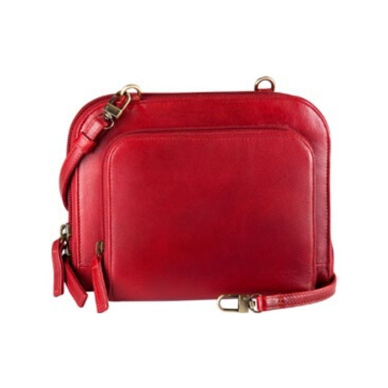Red leather handbag with two wrap-around zippered compartments. Features a detachable shoulder strap.