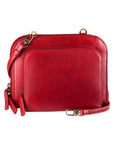 Red leather handbag with two wrap-around zippered compartments. Features a detachable shoulder strap.