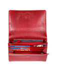 Interior of the red organizer bag, featuring many card slots and two zippered pockets.