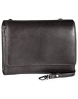 Black leather organizer bag with flap closure and a detachable shoulder strap.