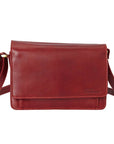 3/4 flap organizer bag in red. Red leather bag with a flap closure and an adjustable shoulder strap.