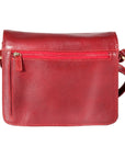 Rear exterior of 3/4 flap organizer bag in red, featuring a gusseted zippered pocket.