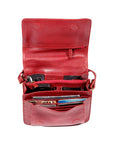 Interior of the 3/4 organizer bag in red. Features two zippered pockets, multiple slip pockets, a key ring, and many card slots.