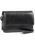 Half flap crossbody bag in black.