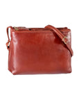 3 Top Zip Cross Body Bag in whiskey. A brown leather purse in a rectangular shape with 3 top zippers. Adjustable strap is fitted with bronze hardware.