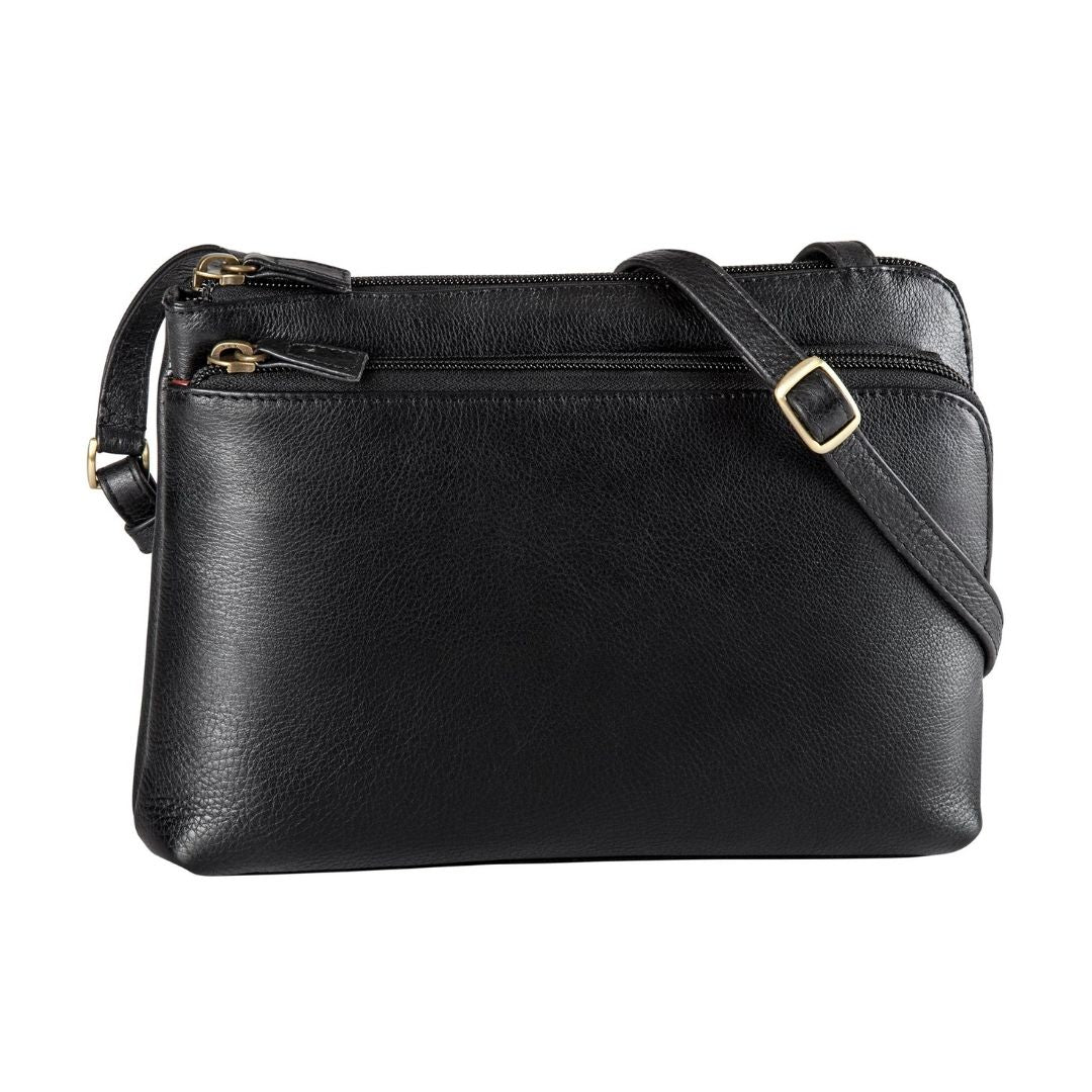 Derek Alexander Two Top Zip Front Organizer Leather Bag in black with adjustable crossbody strap, ideal for everyday use.