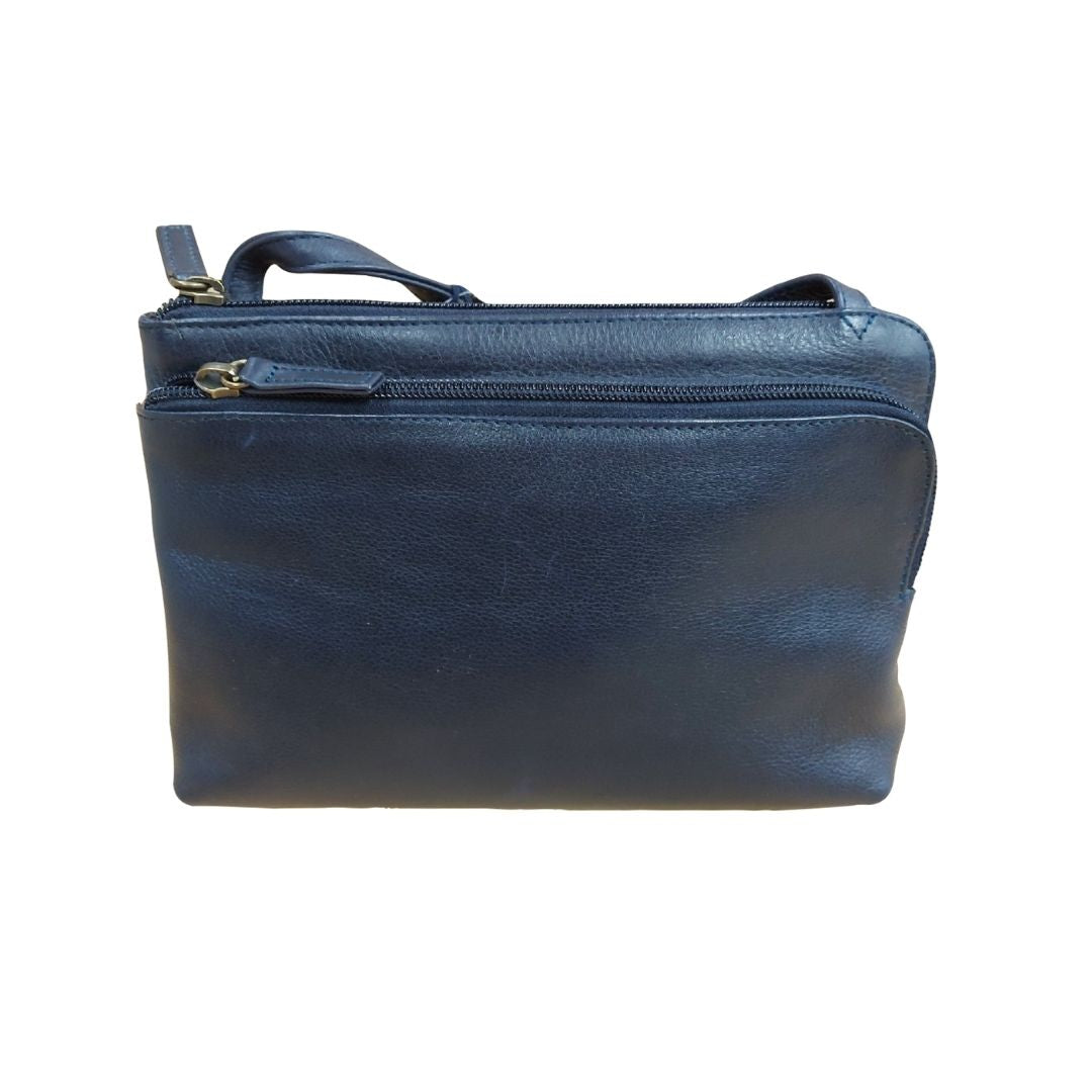 Derek Alexander Two Top Zip Front Organizer Leather Bag in navy blue, featuring dual top zippers and sleek leather finish.