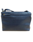 Derek Alexander Two Top Zip Front Organizer Leather Bag in navy blue, featuring dual top zippers and sleek leather finish.