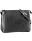 Black leather handbag with top zipper and adjustable shoulder strap.