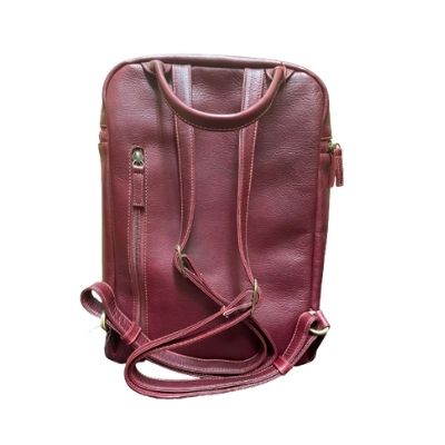 Rear exterior of burgundy leather backpack, showing adjustable shoulder straps, handle, and two vertical zippered compartments.