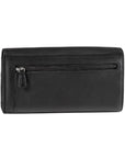 Rear exterior of black leather wallet, showing a zippered pocket.