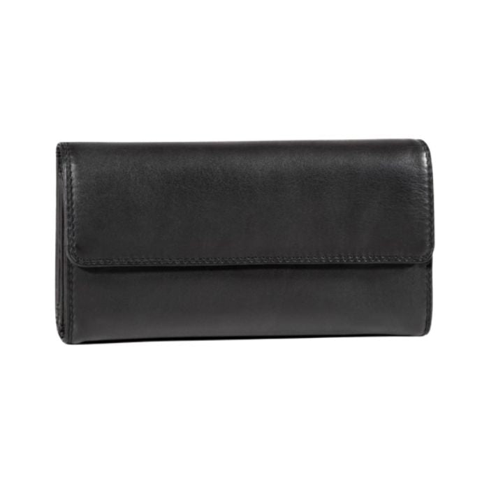 Rectangular black leather wallet with 1/2 flap closure.