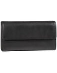 Rectangular black leather wallet with 1/2 flap closure.